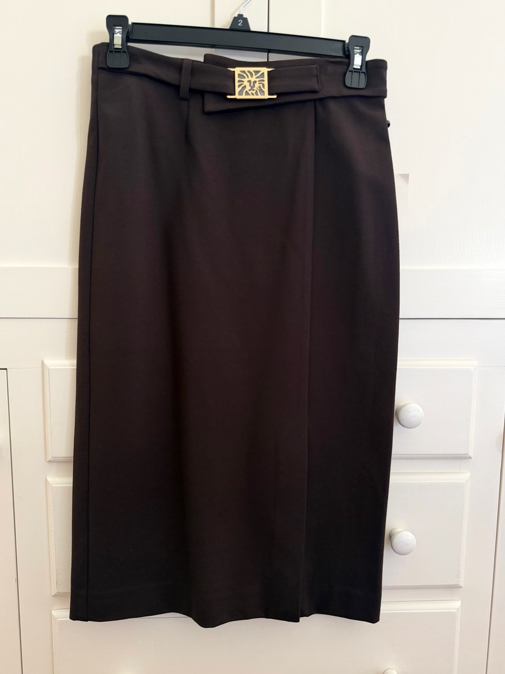 Anne Klein High Straight Rise Pencil Skirt Chocolate Brown Gold Lion Buckle